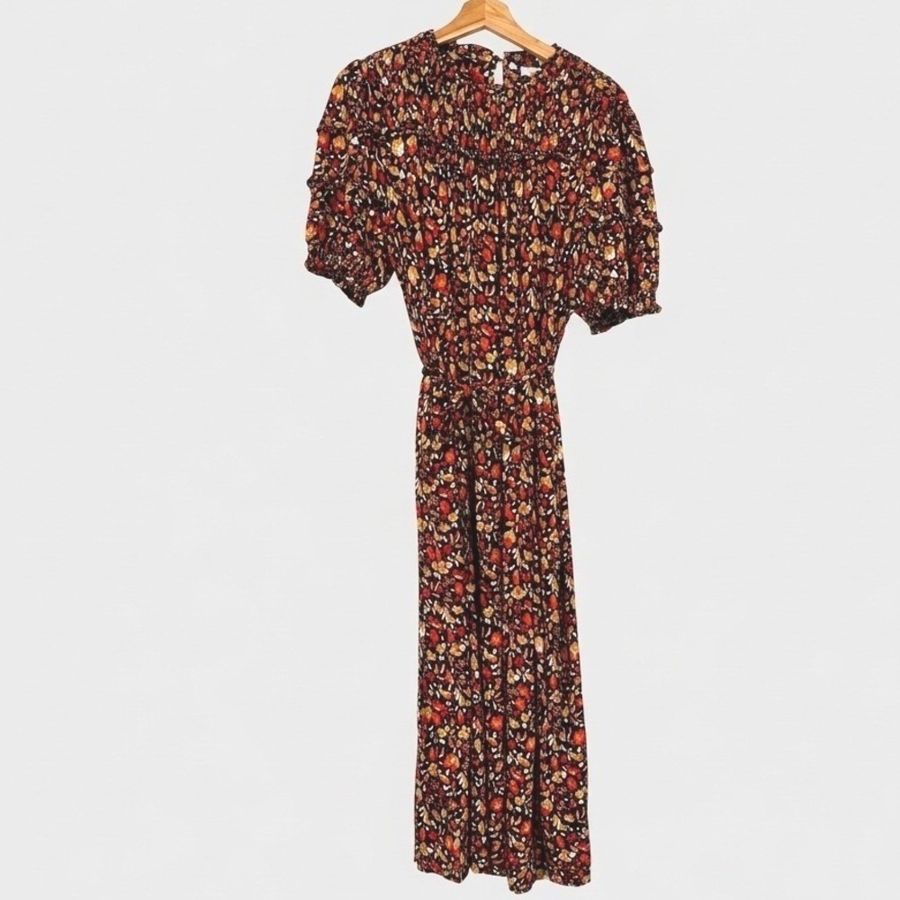 Boden Floral Jersey Smocked Midi Dress Belted Black Orange Red Pockets Autumn 12